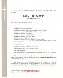 Lilly HASSENFRATZ épouse de André KINDT, décédé à Blandain, le 09 Décembre 1981 (60 ans).
